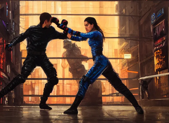 Image similar to Maria fights sgt Nash. Cyberpunk hacker in orange jumpsuit fighting menacing police troopers (blade runner 2049). beautiful face. kickboxing. Orientalist portrait by john william waterhouse and James Gurney and Theodore Ralli and Nasreddine Dinet, oil on canvas. Cinematic, hyper realism, realistic proportions, dramatic lighting, high detail 4k