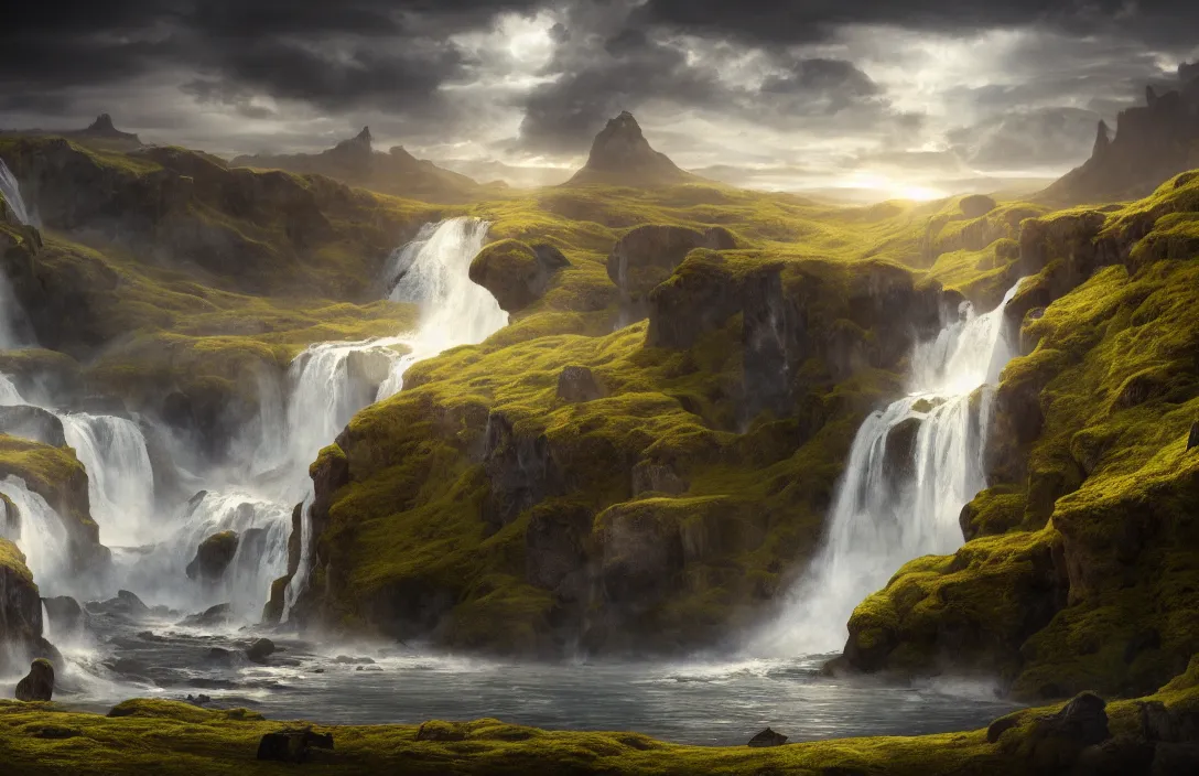 Image similar to a huge arc far away in a hyperreal mattepainting icelandic landscape, detailed dreamscape, hyperreal phantastic, intricate details in environment, golden ratio, high aestehtic, waterfall cascades, cinematic light dramatic light, lightrays, flying birds in distance, trending on artstation