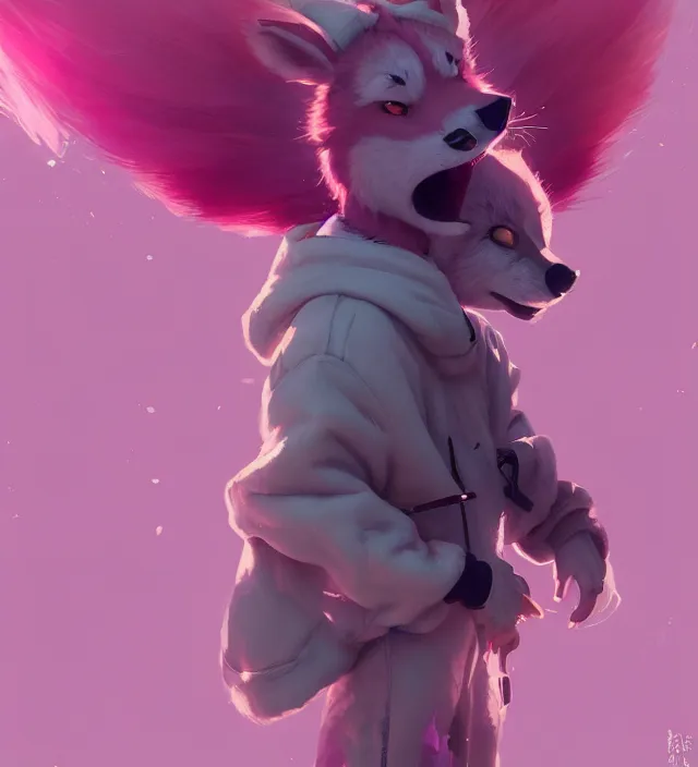 Image similar to a beautiful fullbody portrait of a cute boy with pink hair wearing a wolf kigurumi. character design by cory loftis, fenghua zhong, ryohei hase, ismail inceoglu and ruan jia. artstation, volumetric light, detailed, photorealistic, rendered in octane