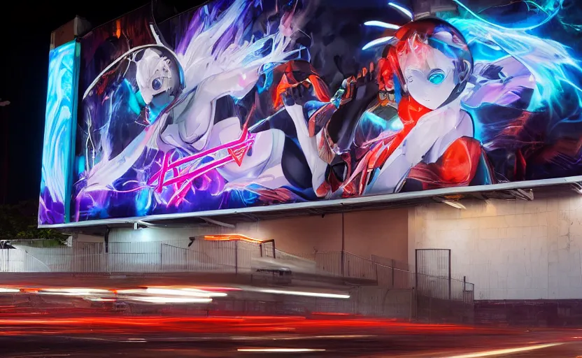 Prompt: night lighting billboard advertisement with an extremely beautiful photo of a white marble statue of an anime girl with colorful motocross logos and motorcycle helmet with closed visor, colorful smoke in the background, carved marble statue, fine art, neon genesis evangelion, virgil abloh, offwhite, denoise, highly detailed, 8 k, hyperreal