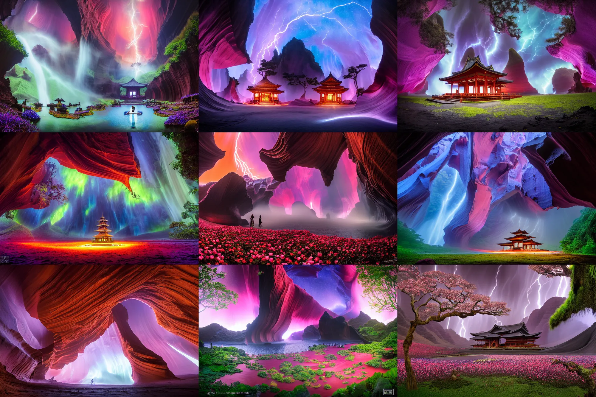 Prompt: byodo - in temple on holokalani black beach of maui in royal blue antelope canyon during sakura season on an interstellar aurora borealis with heavy thunder and lightning, pink waterfalls, passion flower, by peter mohrbacher, james jean, james gilleard, greg rutkowski, vincent di fate, rule of thirds, octane render, beautiful landscape