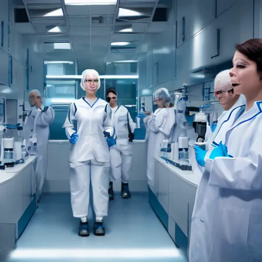 Image similar to line of derpy women with white hair, tight light blue neopren space uniforms, futuristic chemistry lab, sci - fi, highly detailed, cinematic