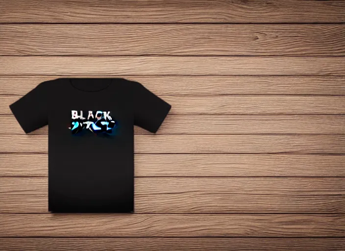 Image similar to clear highly detailed photorealistic mockup product photograph of a blank black tshirt on a wooden background