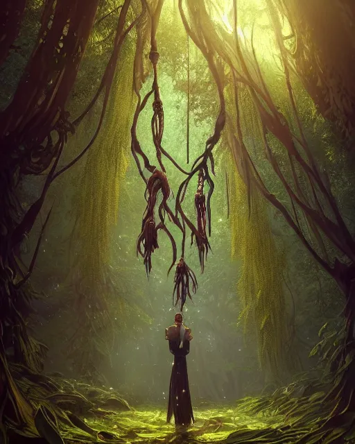 Image similar to highly detailed surreal vfx portrait of a cursed object in a shadowy forest by a willow tree, stephen bliss, unreal engine, greg rutkowski, loish, rhads, beeple, makoto shinkai and lois van baarle, ilya kuvshinov, rossdraws, tom bagshaw, alphonse mucha, global illumination, detailed and intricate environment