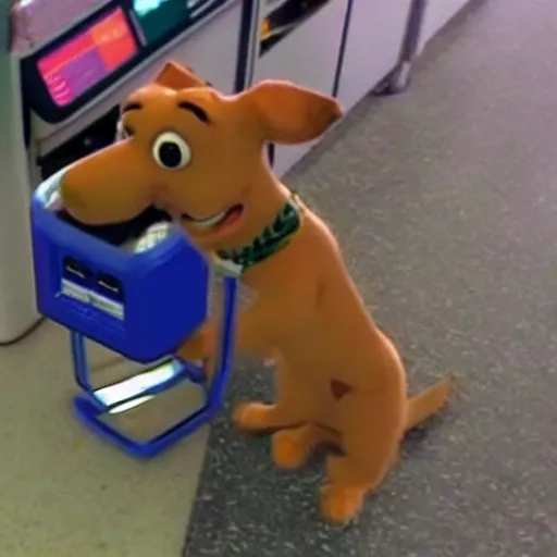 Image similar to drunken scooby at walmart checkout, realistic, cctv