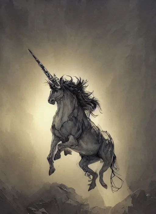 Image similar to portrait, A suicidal unicorn, watercolor, dramatic lighting, cinematic, establishing shot, extremely high detail, foto realistic, cinematic lighting, pen and ink, intricate line drawings, by Yoshitaka Amano, Ruan Jia, Kentaro Miura, Artgerm, post processed, concept art, artstation, matte painting, style by eddie mendoza, raphael lacoste, alex ross