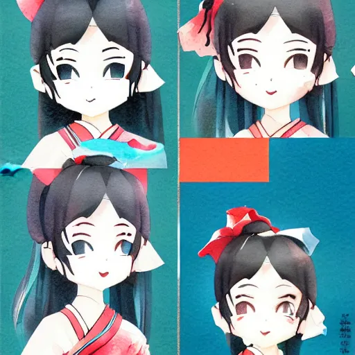 Image similar to beautiful water color concept art of face detailing cute nendoroid girl in the style of ukiyoe , toon rendering, close-up, no shade, modern art