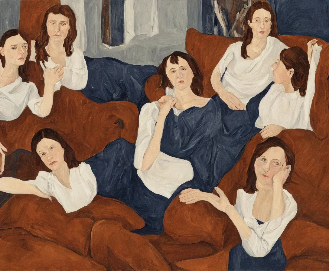 Prompt: two women, in an old english apartment on a brown leather sofa. one is wearing a dark blue sweather, the other a white shirt. brown hair, they are looking into the camera. wide shot. in the style of lucien freud. oil painting.