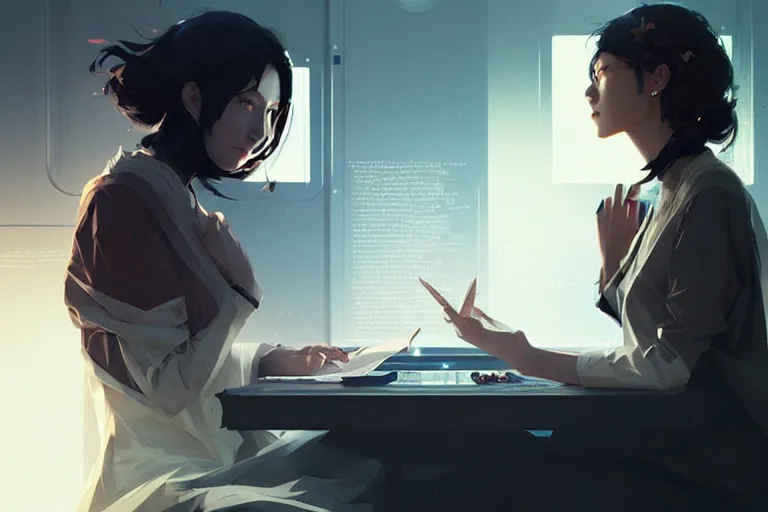 Image similar to portrait of two wise and very beautiful women discussing some texts appearing in a computer screen, art by guweiz and greg rutkowski, intricate, elegant, highly detailed, smooth, sharp focus, artstation