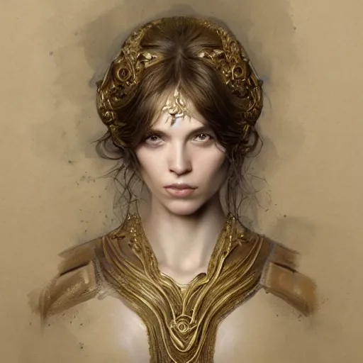 Image similar to female pale aristocrat, gold, character portrait, concept art, intricate details, highly detailed by greg rutkowski, michael whelan and gustave dore, face enhance, ultra detailed