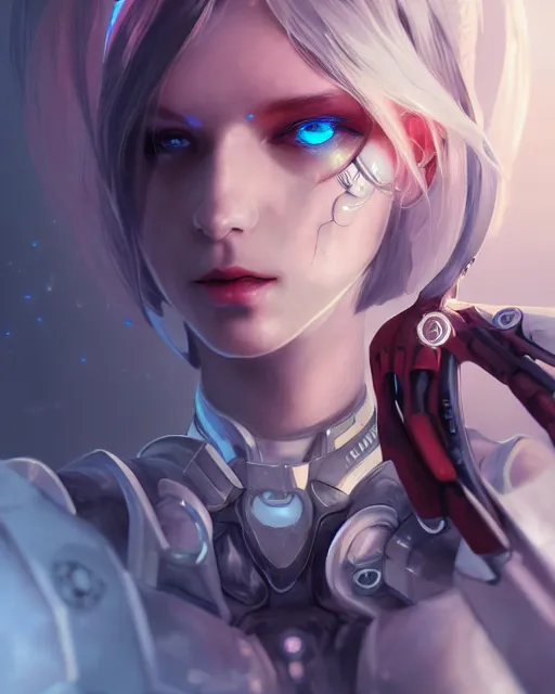 Image similar to holy cyborg necromancer girl, elegant, perfect face, scifi, futuristic, utopia, garden, illustration, atmosphere, warframe, blue eyes, white hair, artstation, nier automata, highly detailed, art by yuhong ding and chengwei pan and serafleur and ina wong