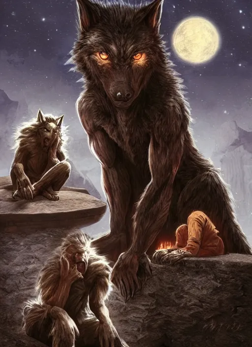 Image similar to a werewolf at night sitting next to a human child, fantasy art, matte painting, highly detailed