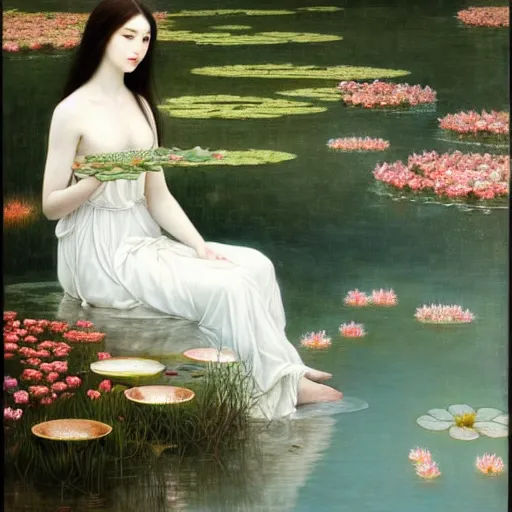 Image similar to a painting of a woman with greek white clothes floating in a pond of water lillies, a fine art painting, by liu jun, cgsociety, deviantart, pre - raphaelitism, figurative art, magical realism, detailed painting, made of flowers