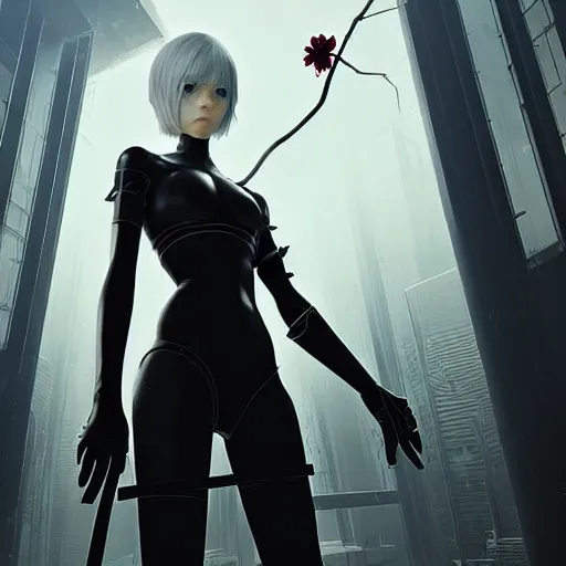 Prompt: realistic render zero from nier series bytaro yoko, drawn by ross draws, flower in eye, futuristic dystopian city by ilya kuvshinov, digital art by ross tran, extreme intricate details, composition by sana takeda, lighting by greg rutkowski