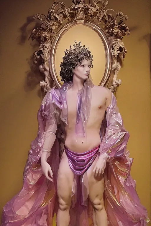 Image similar to full-body rococo and cyberpunk delicate crystalline sculpture of a muscular iridescent (((slender Spanish male))) as a humanoid deity wearing a thin see-through ((plastic hooded cloak)) sim roupa, reclining con (las piernas abiertas), glowing pink face, crown of (((white lasers))), large diamonds, swirling black silk fabric. futuristic elements. oozing glowing liquid, full-length view. space robots. human skulls. throne made of bones, intricate artwork by caravaggio. Trending on artstation, octane render, cinematic lighting from the right, hyper realism, octane render, 8k, depth of field, 3D