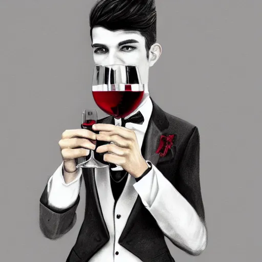 Image similar to portait drawing of a dragon male wearing tuxedo holding a 🍷, digital art, digital painting, masterpiece, elegant, hyper realistic, award winning, 8 k, behance, artstation, unreal engine 5, octane render, masterpiece, sharp focus, intricate, ornate