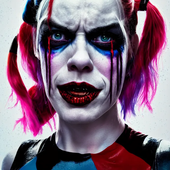 Image similar to portrait of maggie siff as a harley quinn in suicide squad. intricate abstract. intricate artwork. by tooth wu, wlop, beeple, dan mumford. octane render, trending on artstation, greg rutkowski very coherent symmetrical artwork. cinematic, hyper realism, high detail, octane render, 8 k, iridescent accents