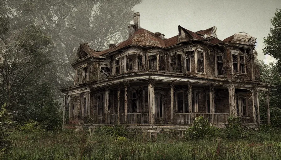 Image similar to old, ruined, abandoned American house, Victorian style, seen from outside and overgrown by plants. First light of day falls upon the building. Scary, horror, ghost story. Dirt, leaves on ground. Octane render. Substance painter. Zbrush. Trending on artstation. 8K. Highly detailed.