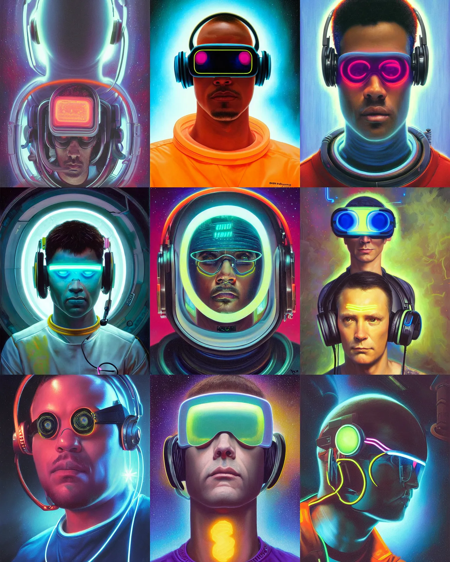 Prompt: neon cyberpunk programmer with glowing geordi cyclops visor over eyes and sleek headphones head turned desaturated portrait painting by donato giancola, dean cornwall, rhads, tom whalen, alex grey astronaut fashion photography