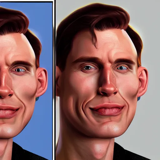 Image similar to Caricature portraits done of Jerma realistic, hyperrealistic, very realistic, highly detailed, very detailed, extremely detailed, detailed, oil painting, digital art, trending on artstation