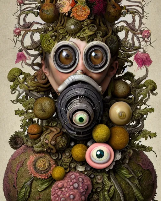 Image similar to a biomorphic portrait with with large eyes, expressive, wearing a botanical gas mask by arcimboldo, baroque painting by ayami kojima, mark ryden, cephalopod, mixed media 3 d collage, focus on head, soft light, 4 k, octane high quality render