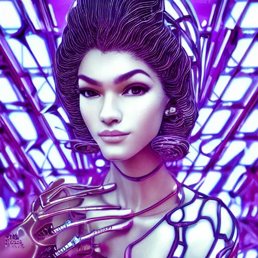 Image similar to the portrait of an elegant, sophisticated, fashionable robotess idol, an ultrafine illustration of young half arab zendaya mix by kim jisu, intricate linework, neon wiring, fashion, porcelain skin, unreal engine 5 highly rendered, global illumination, radiant light, detailed and intricate environment, by rutkowski, artgerm, marvel comics