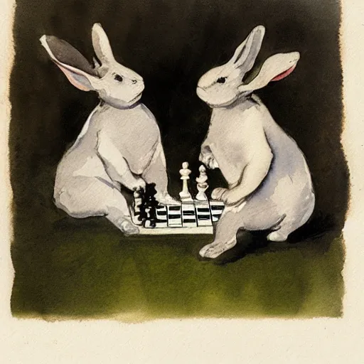 Image similar to two rabbits playing chess, in the style of anders zorn, watercolour