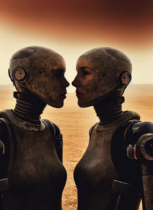 Image similar to cinestill 5 0 d photographic portrait by steve mccurry of two loving female androids wearing rugged black techwear on a desolate plain with a red sky in front of a brutalist structure, extreme closeup, cyberpunk style, dust storm, 8 k, hd, high resolution, 3 5 mm, f / 3 2, ultra realistic faces, ex machina