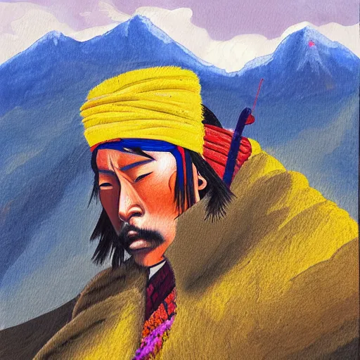 Prompt: painting of a lonesome warrior at the peak of himalayas, style of hiroki takeda