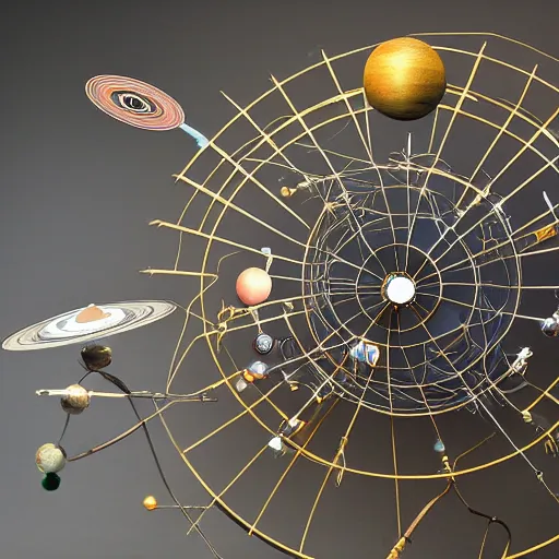 Prompt: a kinetic sculpture of this solar system, sun, mercury, venus, earth, moon, mars, jupiter, saturn, uranus, neptune, pluto, orrery, canon 5 d 5 0 mm lens, papier - mache, studio, artificial intelligence