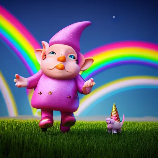 Image similar to a pink gnome riding a rainbow unicorn galloping under a rainbow, 4 k realistic, octane render, award winning