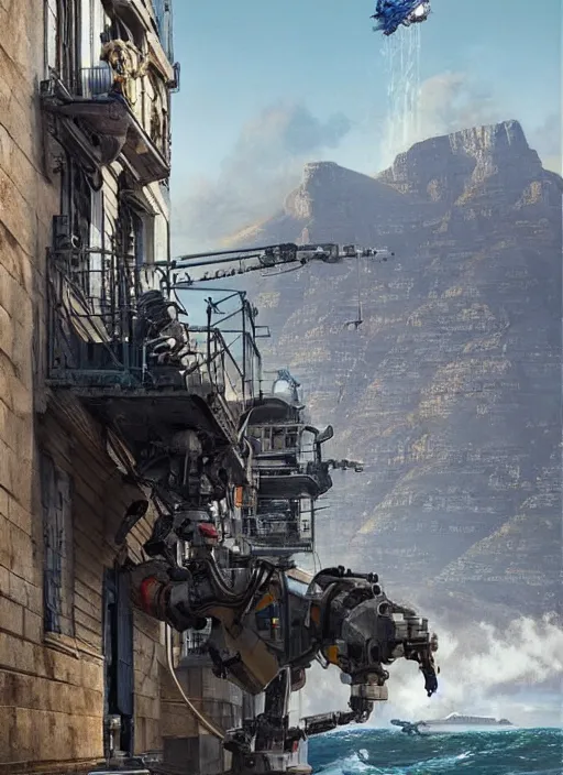 Image similar to hyper realistic robot attacking cape town city harbor beautiful details, strong composition, poster painted by weta studio rutkowski, james gurney and greg rutkowski, and lucasfilm