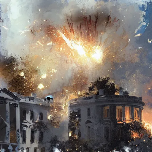 Image similar to the white house being exploded, tragic, beautiful, craig mullins, historic