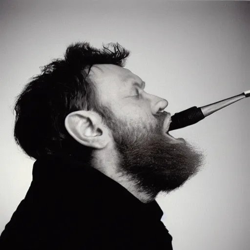 Image similar to Singing Tthhoomm Yyoorrkkee, with a beard and a black jacket, a portrait by John E. Berninger, dribble, neo-expressionism, uhd image, studio portrait, 1990s