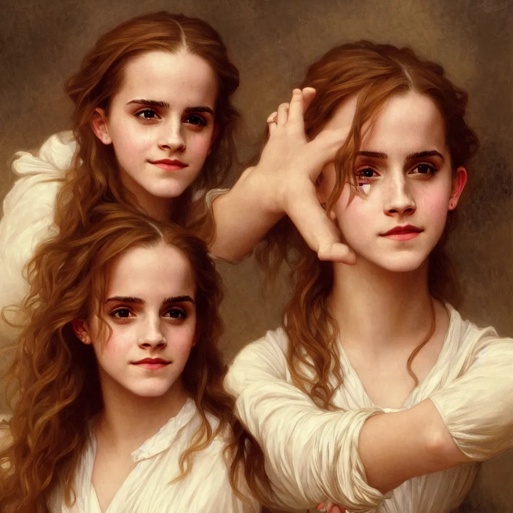 Image similar to Painting of Emma Watson as Hermione Granger. Wearing Hogwarts!!! robes!!!. Smiling. Happy. Cheerful. Art by william adolphe bouguereau. During golden hour. Extremely detailed. Beautiful. 4K. Award winning.