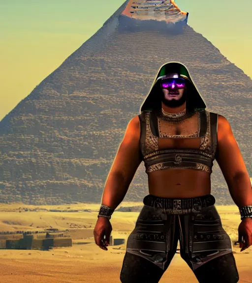 Image similar to a beefy man with a machine gun, egyptian pyramid in the background, 4 k, sharp focus, illustration, highly detailed, cyberpunk