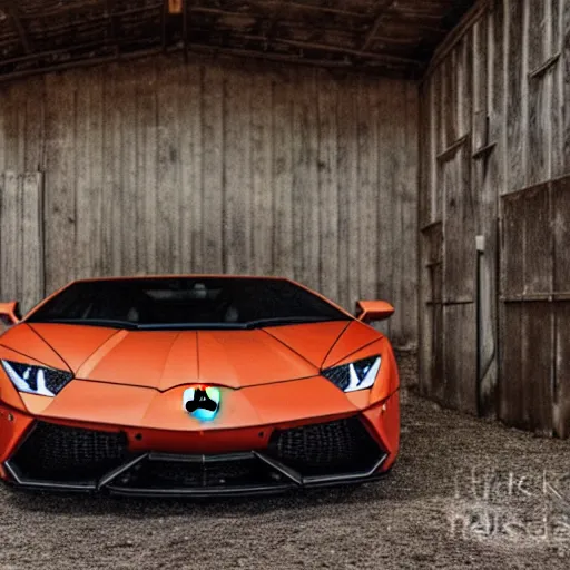 Image similar to lamborghini in a barn, rustic, vintage, aesthetic