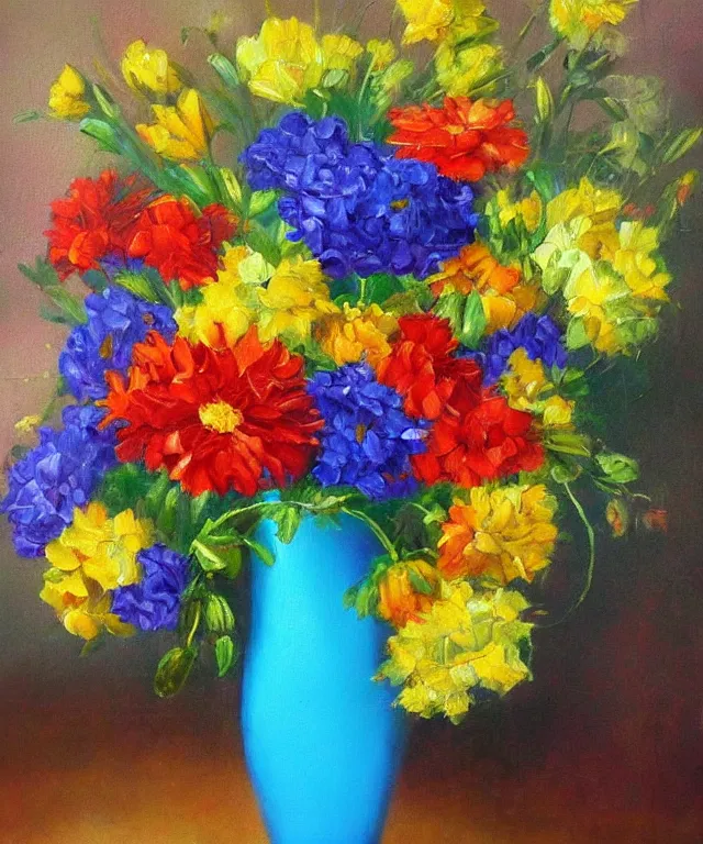 Prompt: flowers in a vase, colorful, oil painting