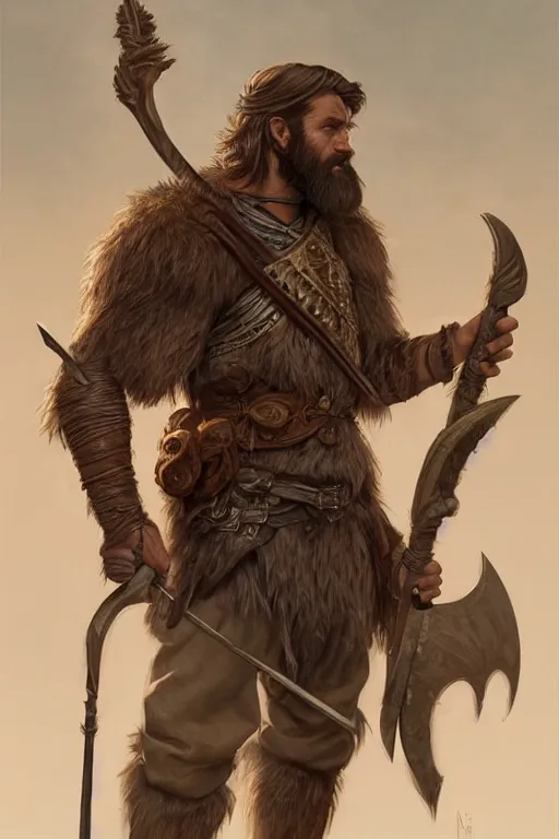 Image similar to full body portrait of a gruff ranger with a spear, lean and toned, handsome face, hairy chest and hairy body, D&D, fantasy, intricate, elegant, highly detailed, digital painting, artstation, concept art, matte, sharp focus, illustration, art by Artgerm and Greg Rutkowski and Alphonse Mucha