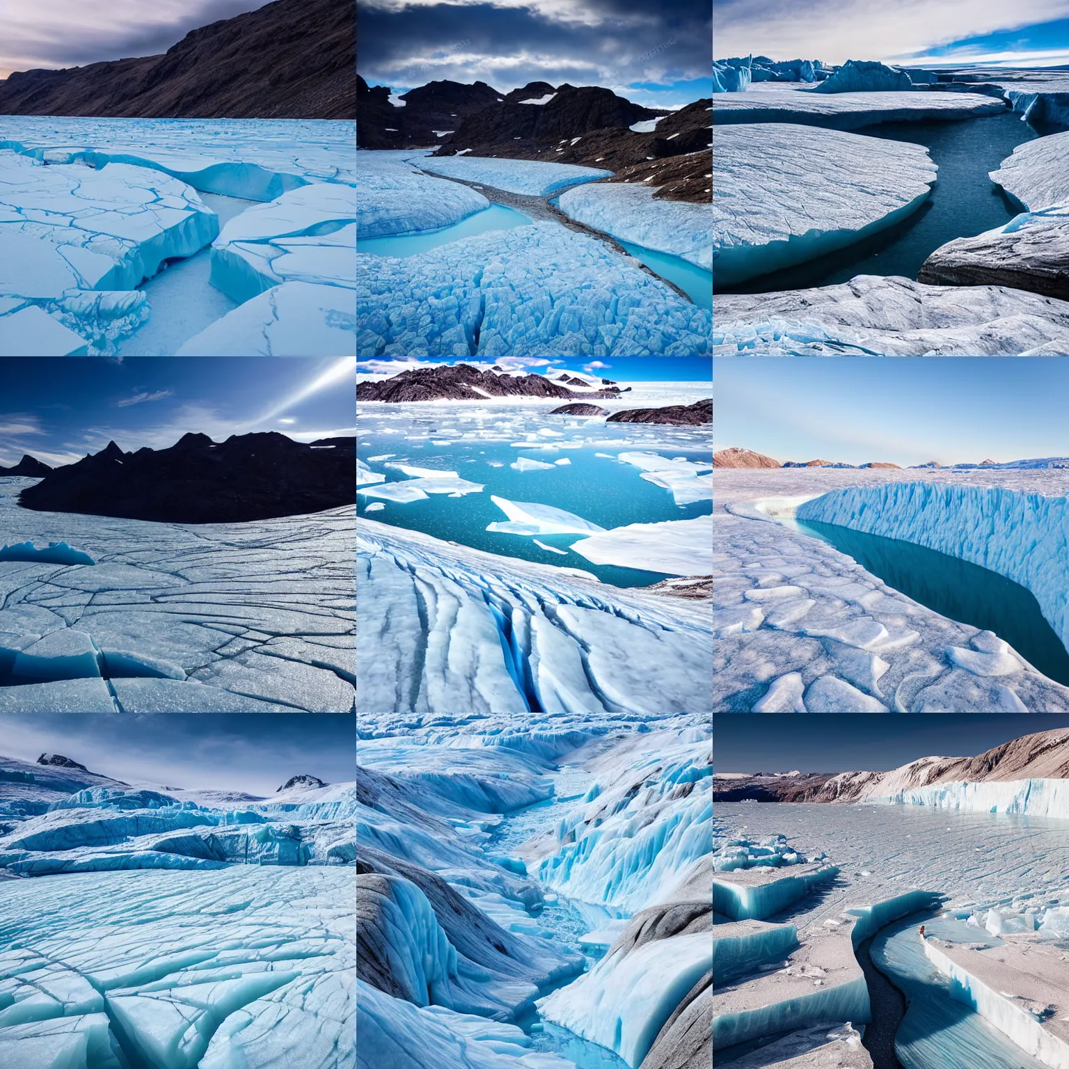 Prompt: Greenland ice canyon landscape, glacier frozen, cinematic