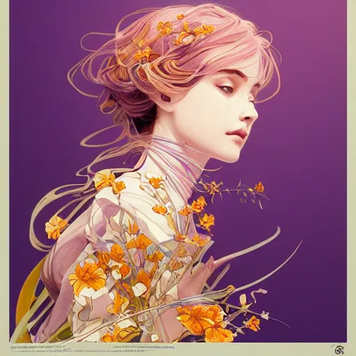 Image similar to smooth organic pattern, lavender, light purple, white, orange and gold, artstation, concept art, smooth, sharp focus, illustration, art by artgerm and greg rutkowski and alphonse mucha and maya takamura and Hitomi Isono