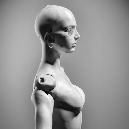 Image similar to a head and shoulders portrait of a female cyborg in her 20s, sculpture made of marble and aluminum, studio photography, cyberpunk lighting