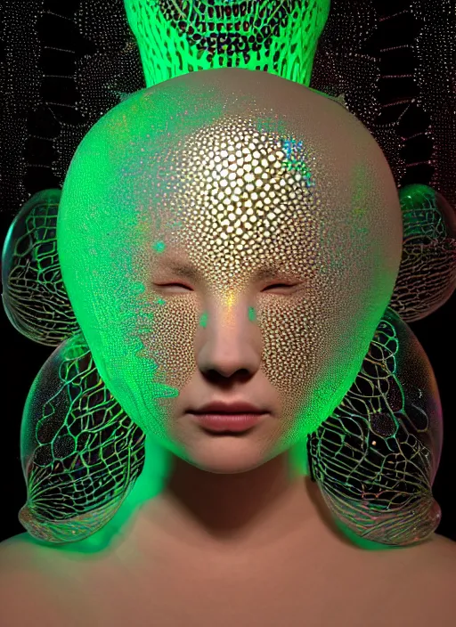 Prompt: 3 d goddess medium shot profile portrait. beautiful intricate highly detailed mask made entirely of bubbles and futuristic iridescent skin. dragonfly, 🪲, phosphorescence, water, reflections, creature, artwork by yayoi kusama, tooth wu and wlop and beeple and greg rutkowski, in the style of hudson river school,