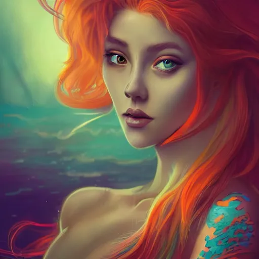 Image similar to a beautiful stunning interesting detailed fantasy whimsical matte digital portrait illustration of a mermaid with turqoise hair, yellow-orange and red-violet sunset, spectacular sunset, a painting by Ross Tran, trending on artstation hq, contest winner