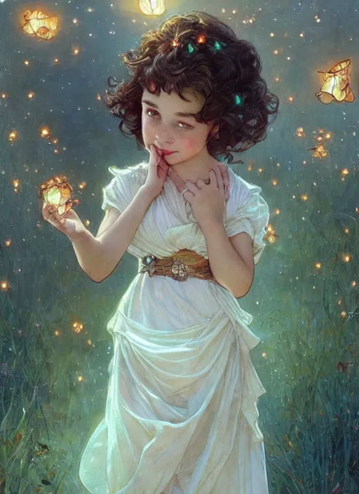 Image similar to a cute little girl with short curly brown hair with a happy expression wearing a summer dress dancing with fireflies, she is in the distance. beautiful fantasy art by by artgerm and greg rutkowski and alphonse mucha, trending on artstation.