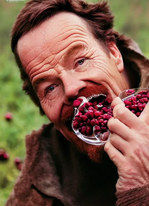 Prompt: bryan cranston bulging cheeks eating cranberries, open mouth spilling cranberries, hamster cheeks, studio light, bloom, detailed face, magazine, press, photo, steve mccurry, david lazar, canon, nikon, focus