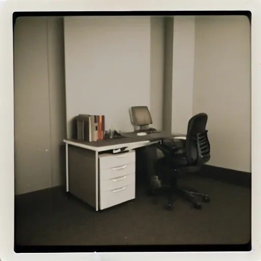 Prompt: Creepy liminal infinite office space, old polaroid, photograph