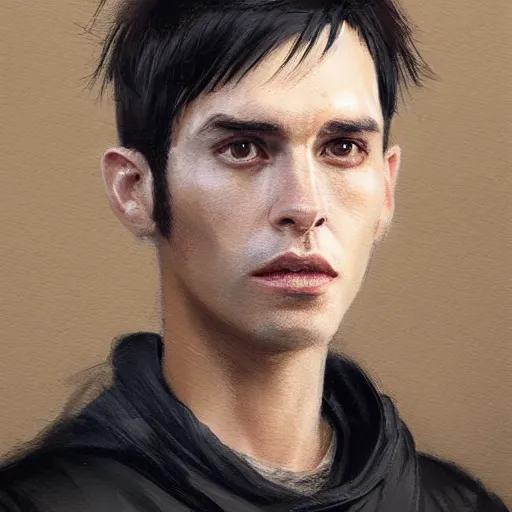 Image similar to Portrait of a man by Greg Rutkowski, he is about 30 years old, short black hair with bangs, his features are a mix between French, Turkish and Russian and he is wearing a beige and black utility jumpsuit, highly detailed portrait, digital painting, artstation, concept art, smooth, sharp foccus ilustration, Artstation HQ.