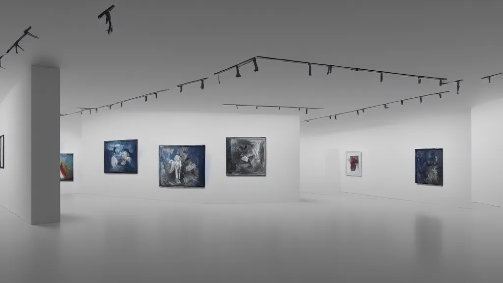 Prompt: 3 d rendering of a hyper modern art gallery with white walls, hyper detailed, soft light, unreal engine 5, 4 k, trending on artstation