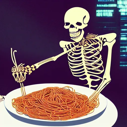 Prompt: a skeleton eating spaghetti, cyberpunk aesthetic